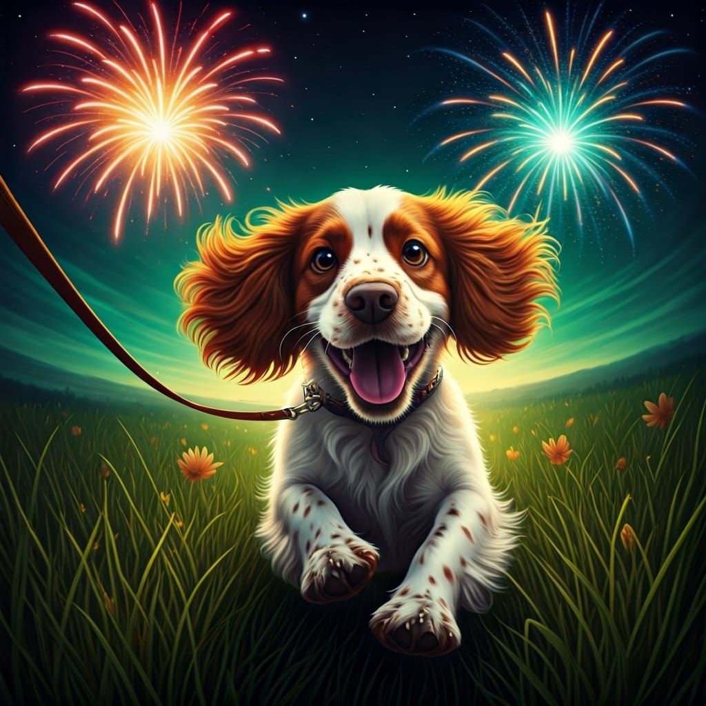 Happy Spaniel Dog Chasing Fireworks at Night