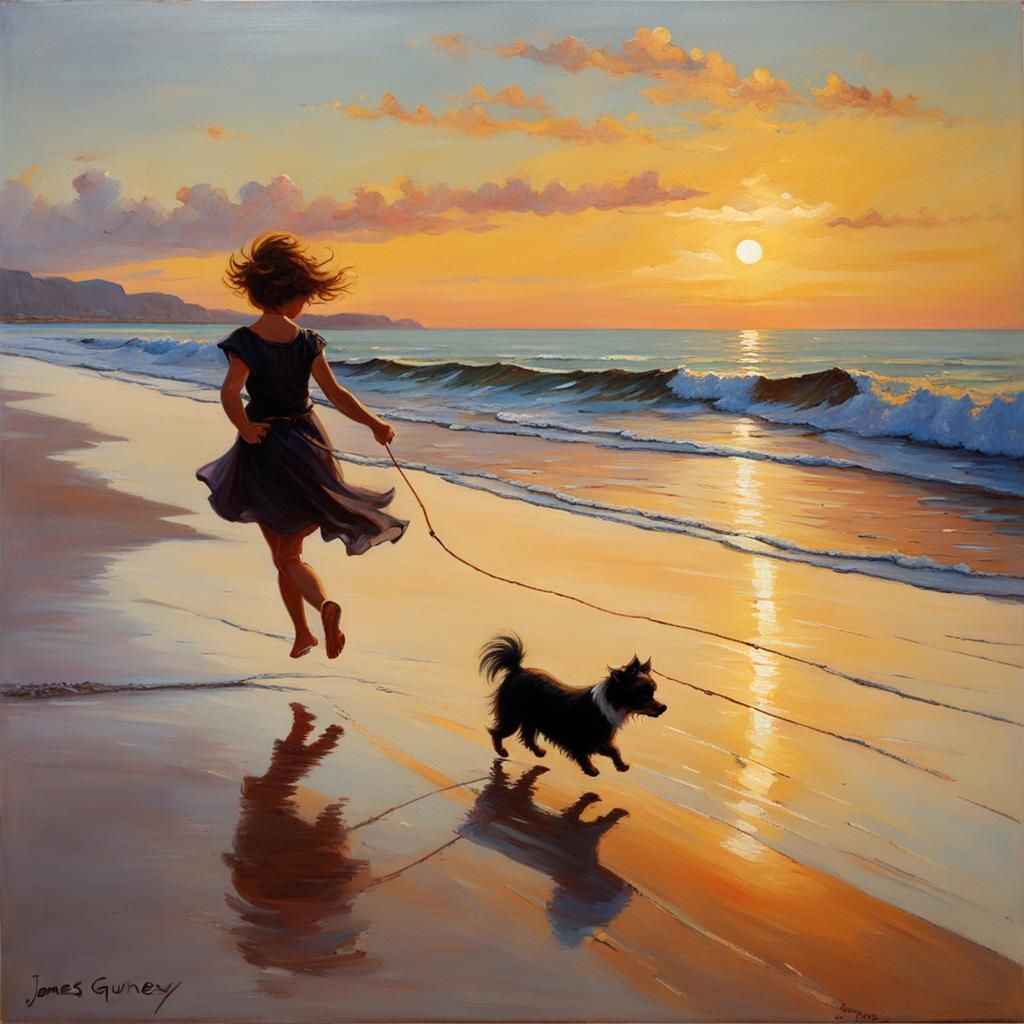 Girl and Dog at Sunset: Oil Painting