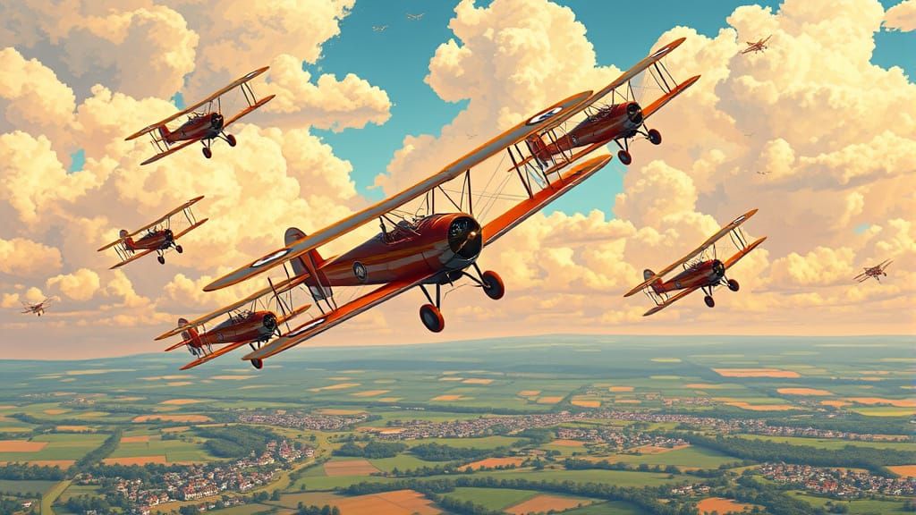 Vintage-Style Biplanes Soar Through Vibrant Clouds in Daring...
