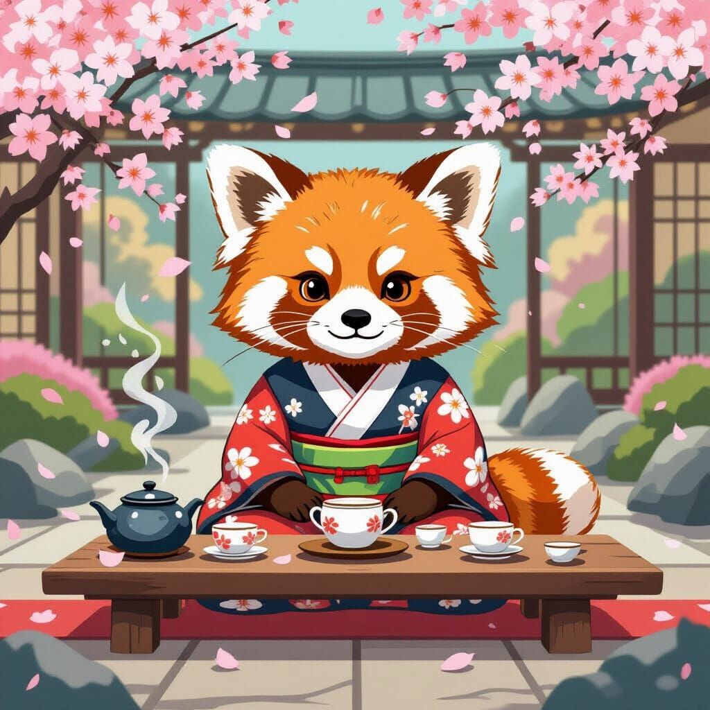 Red Panda in Kimono Enjoying Tea in Japanese Garden