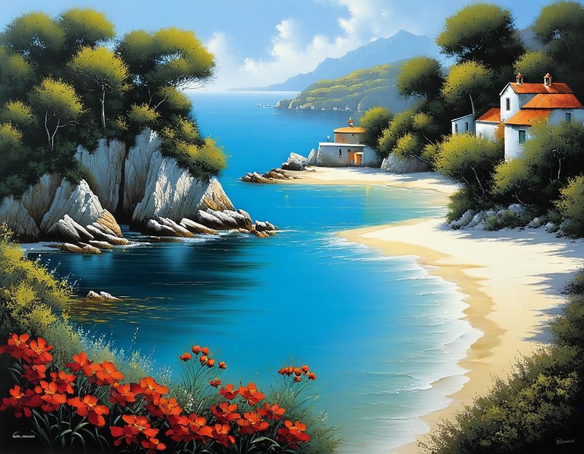 Picturesque Cove Sunset: Impasto Style Seascape