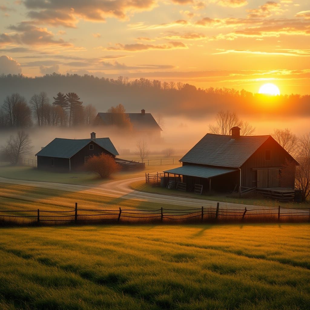 Surreal Sunrise on a Whimsical Countryside Farm