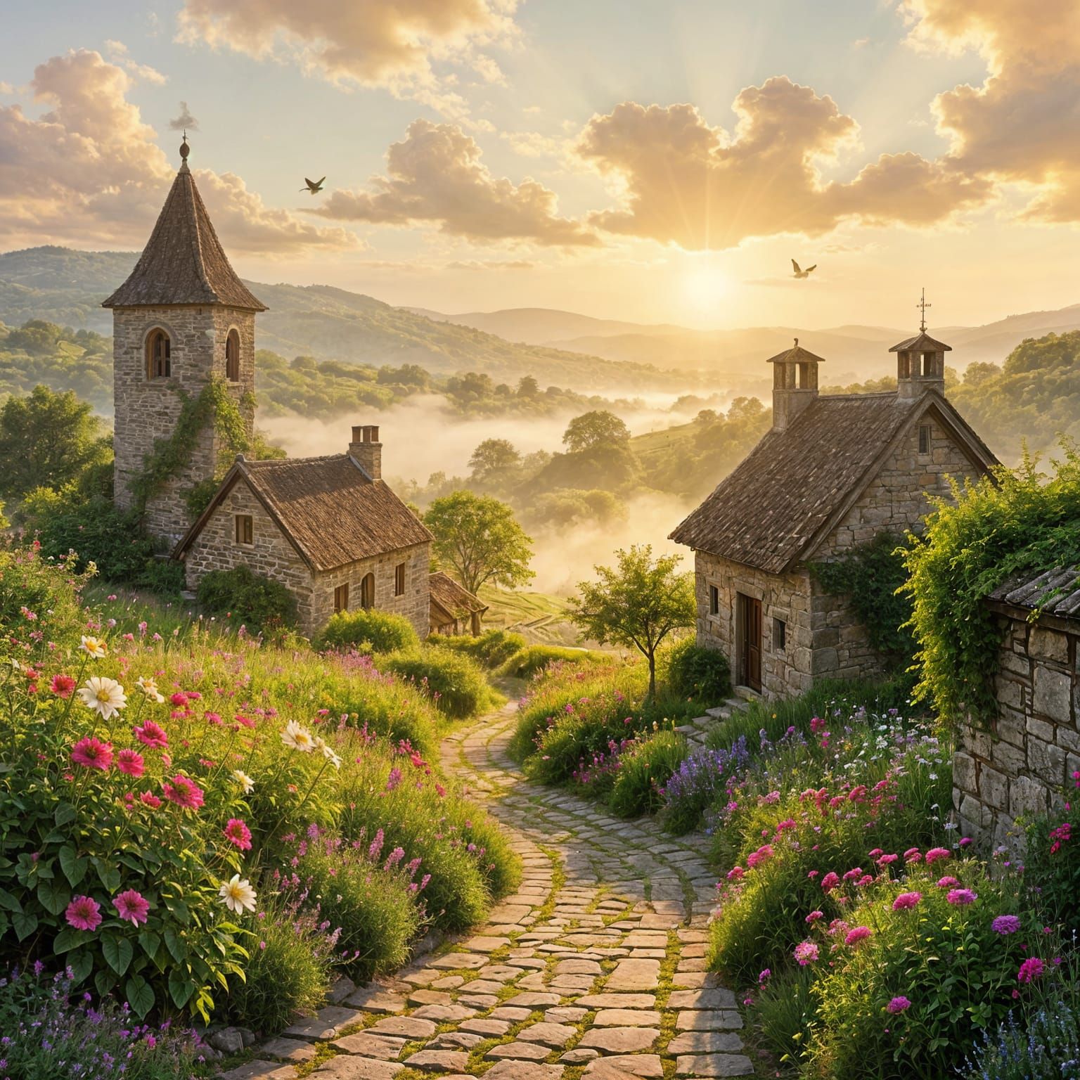 Idyllic Farmland Sunrise with Ancient Architecture