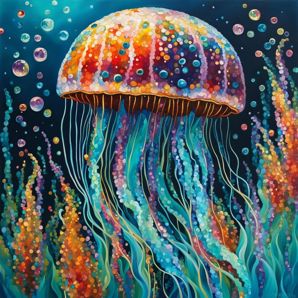 Sequin Jellyfish in Glitter Ocean: Oil Gouache Style