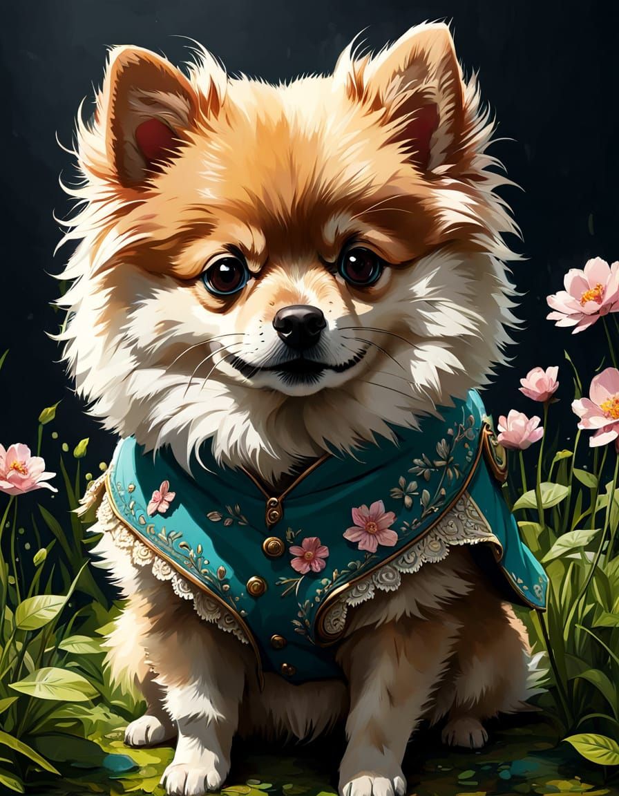 Adorable Spitz-Pomeranian Mix in Vibrant Floral Spring Attir...