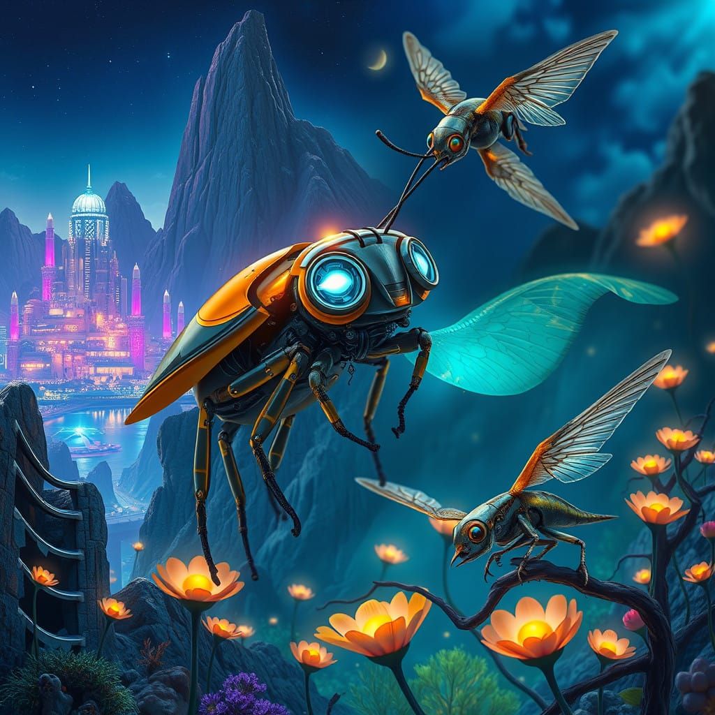 Futuristic Robotic Insect Navigates Neon-Lit City in Cyberpu...