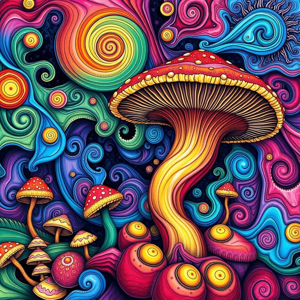 Psychedelic Fly Agaric Mushroom in Vibrant Gouache