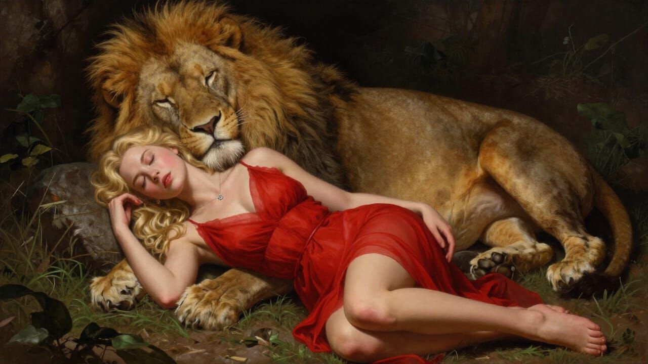 Woman and Lion Sleeping in Dramatic Light