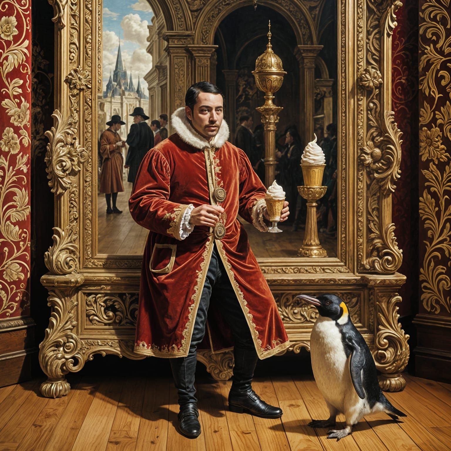 Renaissance Nobleman Offers Ice Cream in a Museum Gallery