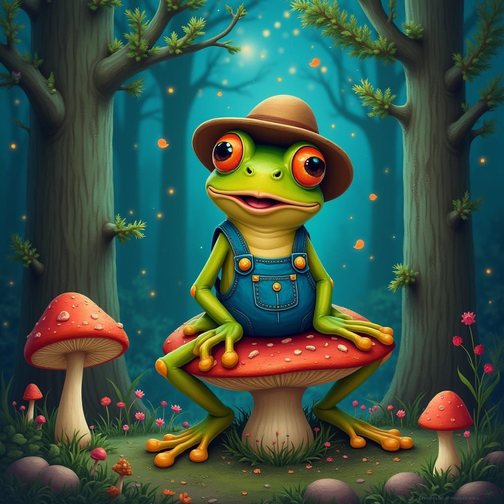 Surreal Anthropomorphic Frog in Forest, Digital Painting