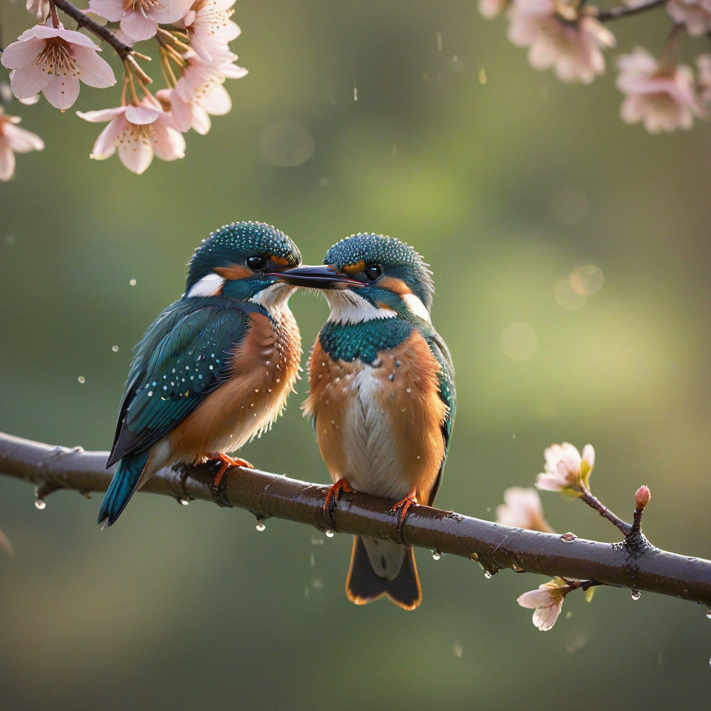 Romantic Kingfisher Couple Amidst Spring Blooms