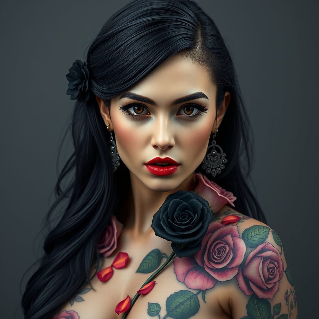 Mysterious Woman with Intricate Tattoos and Roses