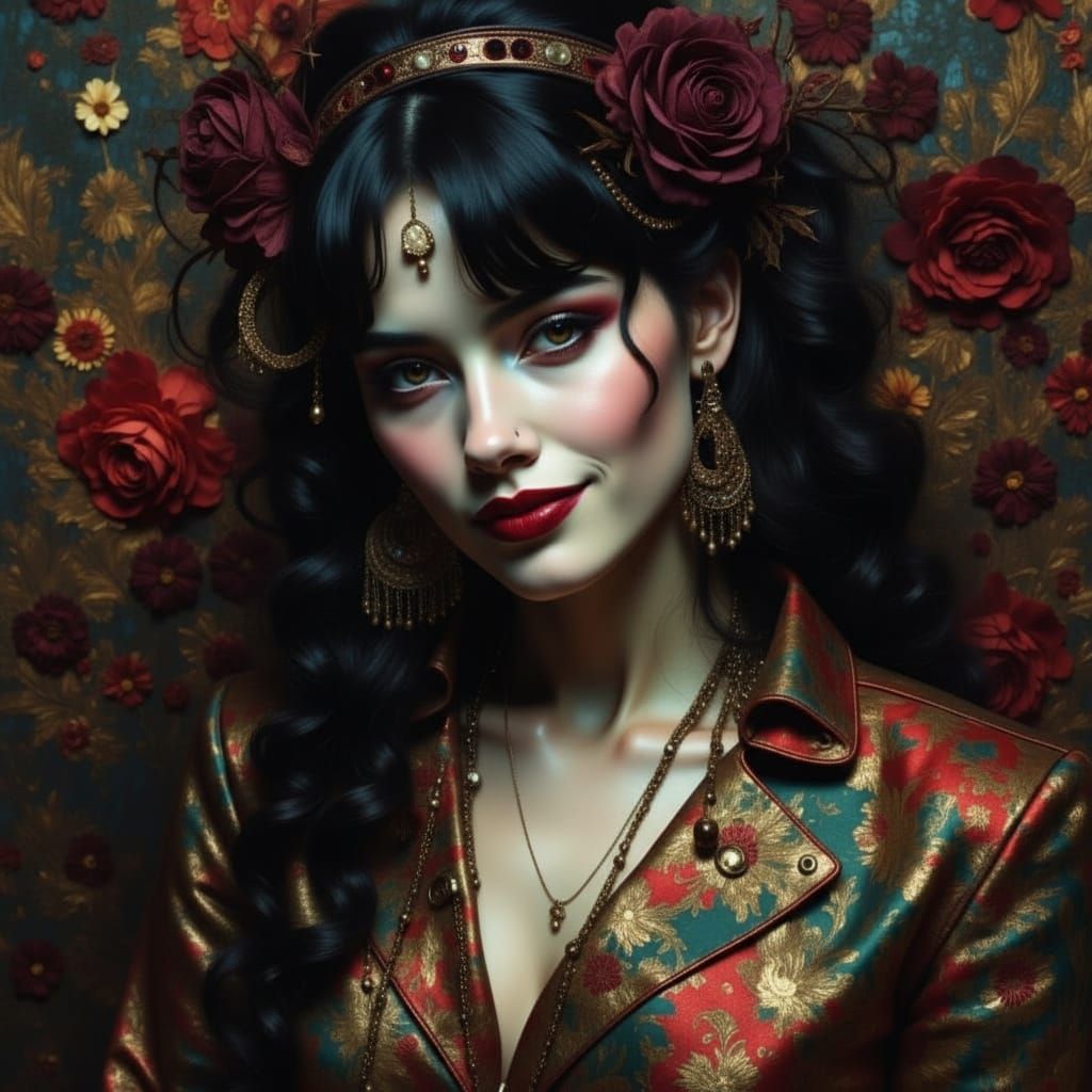 Woman Hiding Fangs in Surreal Collage