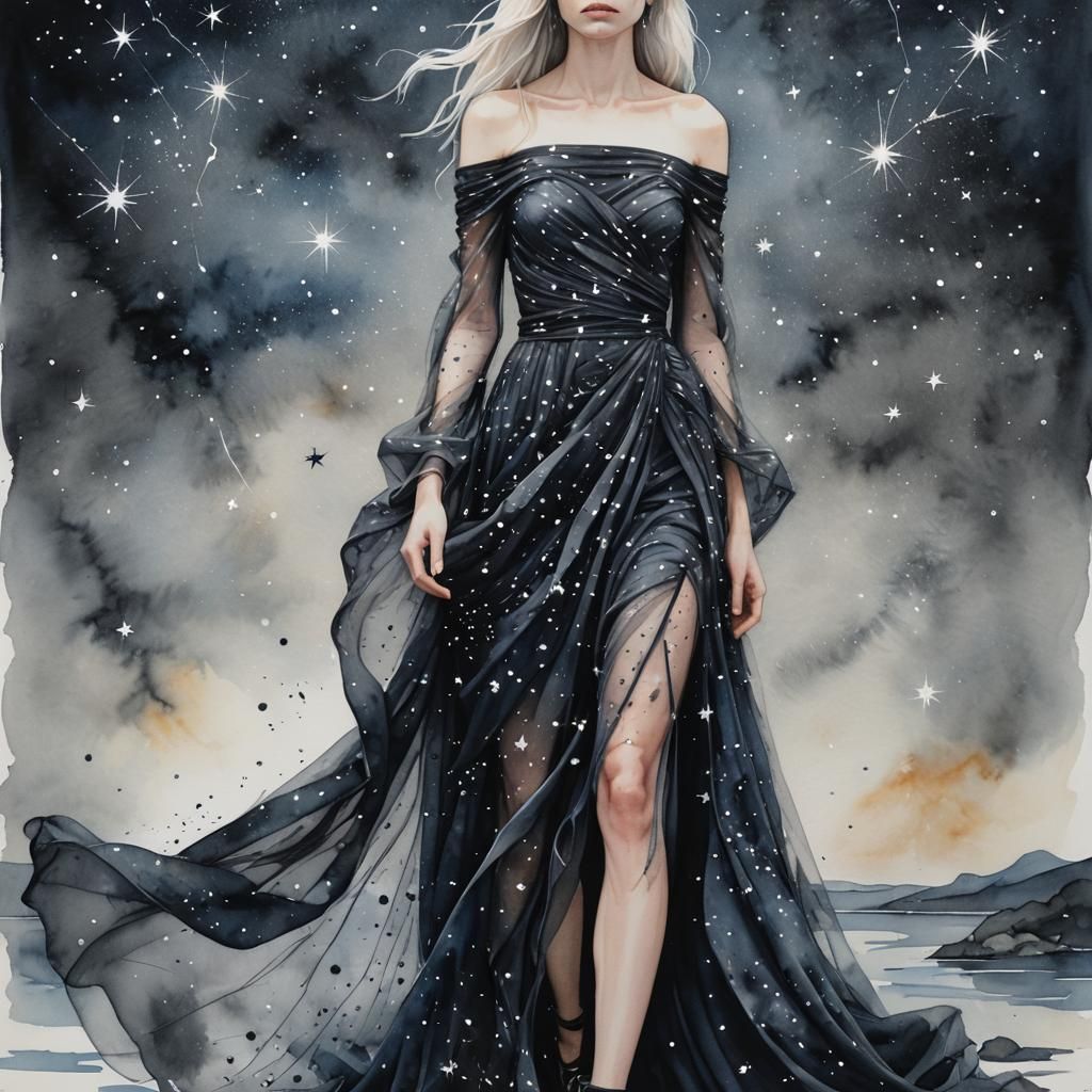 Starry Night Sky Dress: Watercolour Charcoal Drawing