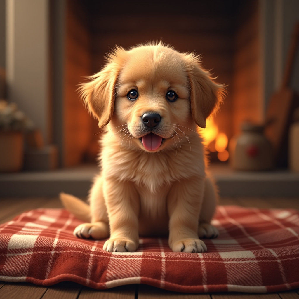 Charming Golden Retriever Puppy Portrait in Cozy Setting