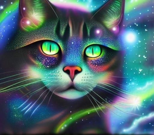 Cosmic Cat with Galaxy Eyes in Starry Night Sky
