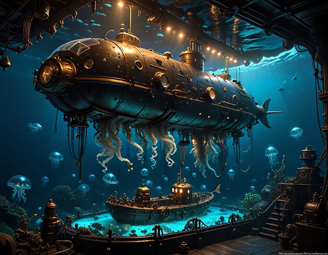 Steampunk Submarine Exploring Bioluminescent Alien Ocean