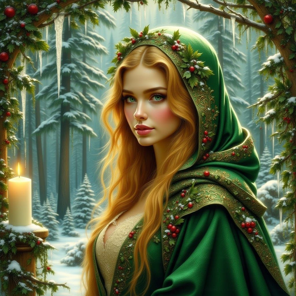 Regal Goddess of Winter Wonderland in Pre-Raphaelite Style