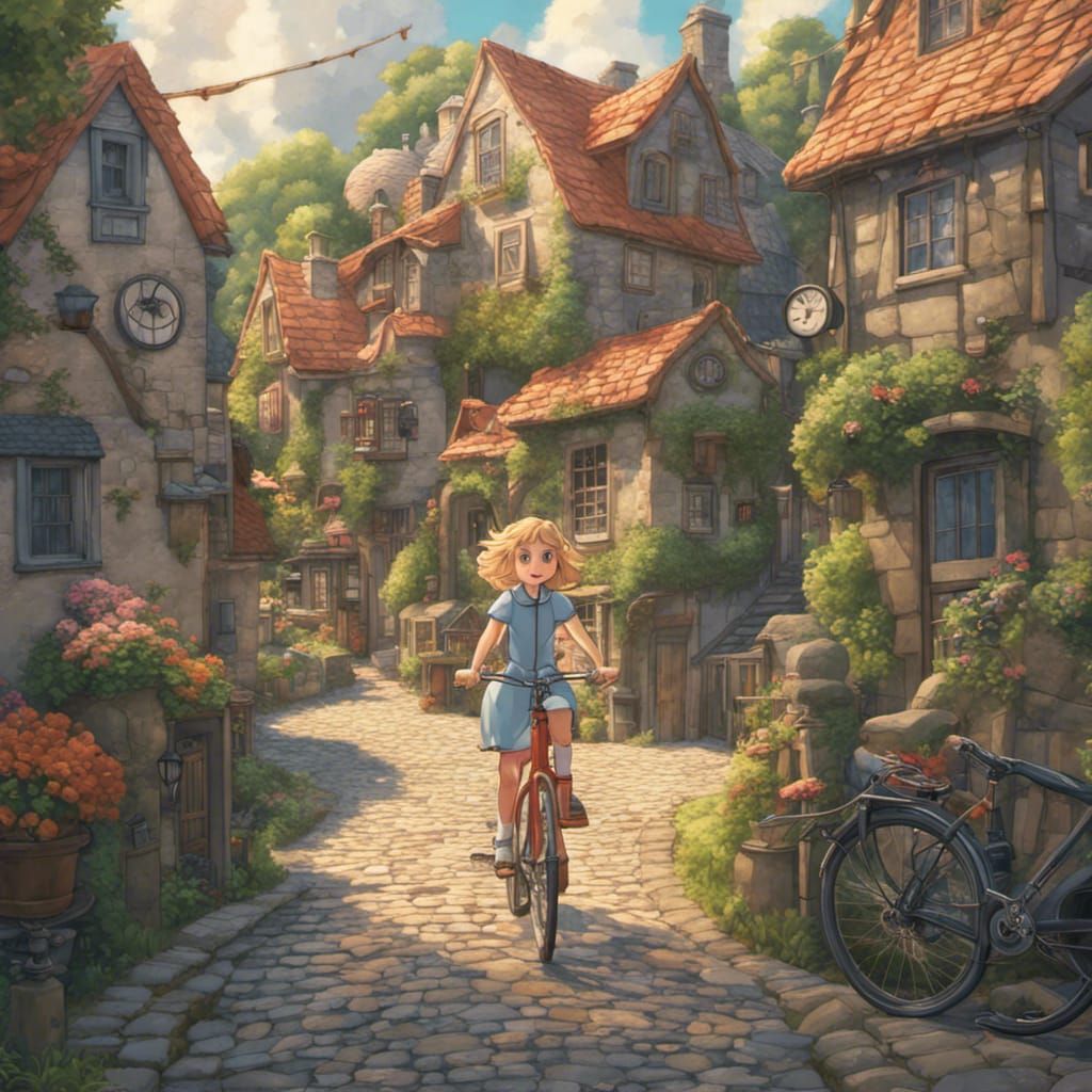 Girl Rides Bike Through Studio Ghibli Village