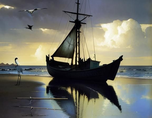 Desert Beach Fishing Boat Watercolor Art