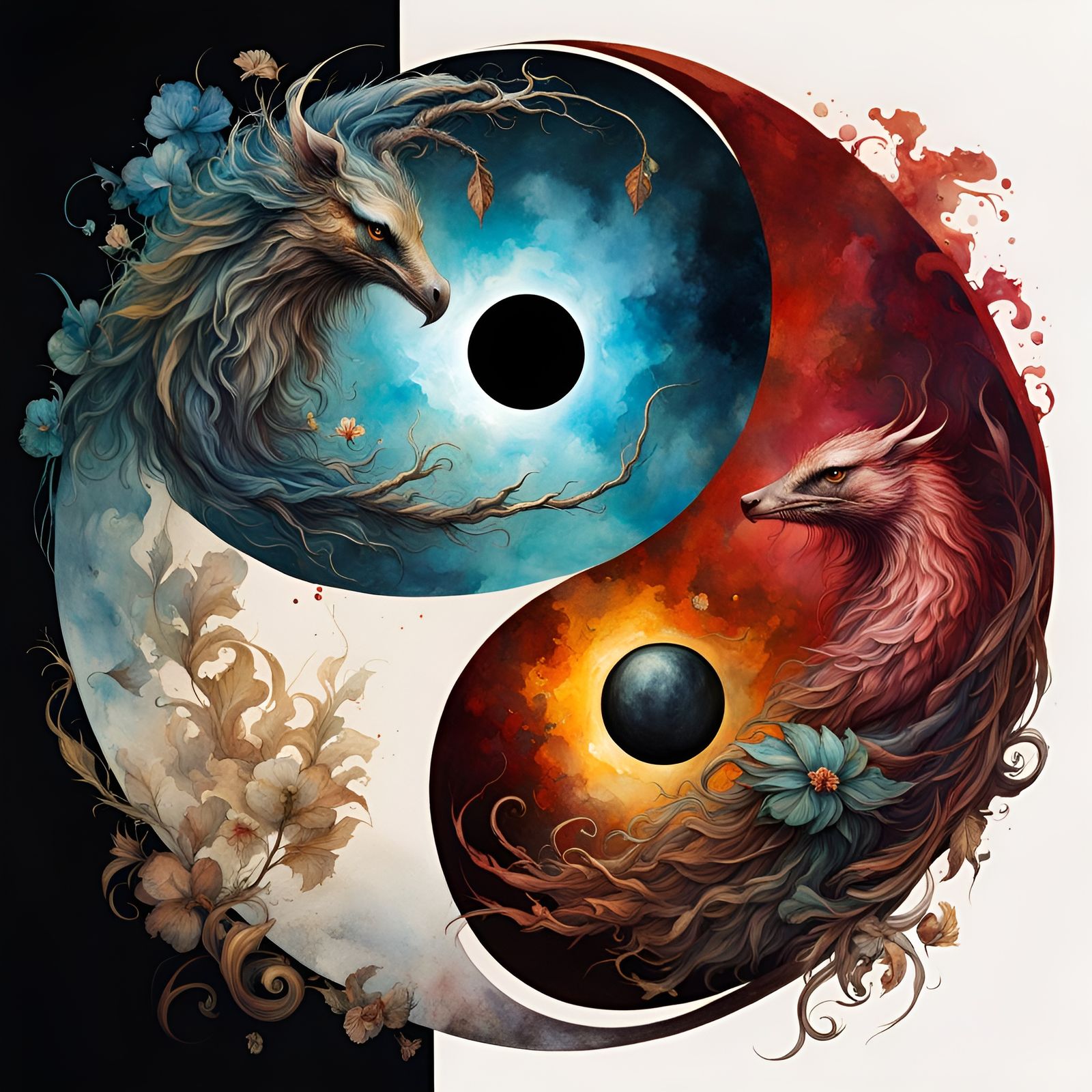 Yin and Yang Mascot Logo in Watercolor Style