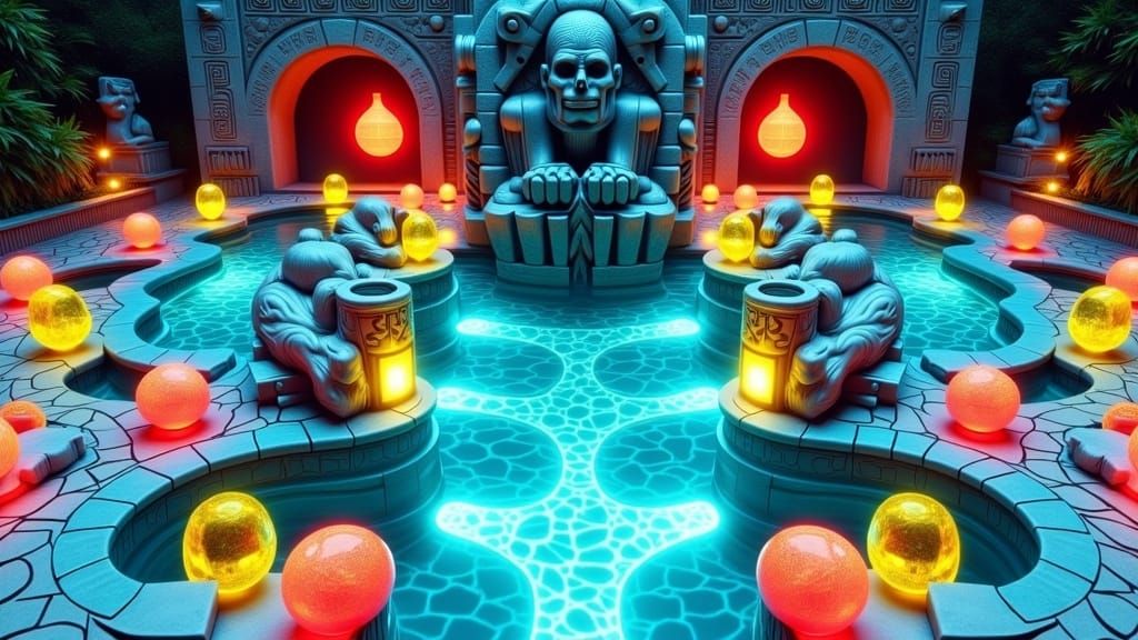 Dreamlike Swimming Pool Oasis with Aztec God Statue and Whim...