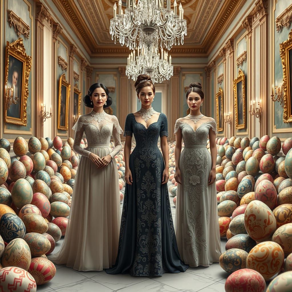 Elegant Ladies in a Surreal Egg Wonderland
