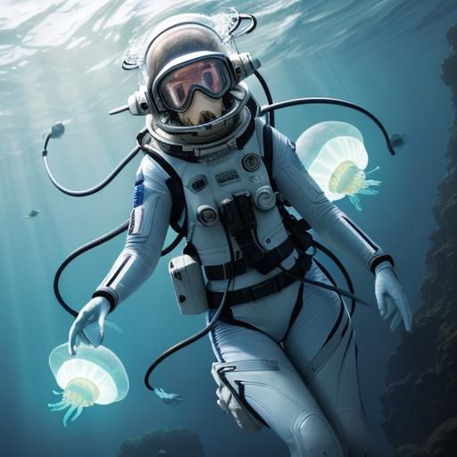 Astronaut Underwater Holding a Jellyfish in Space