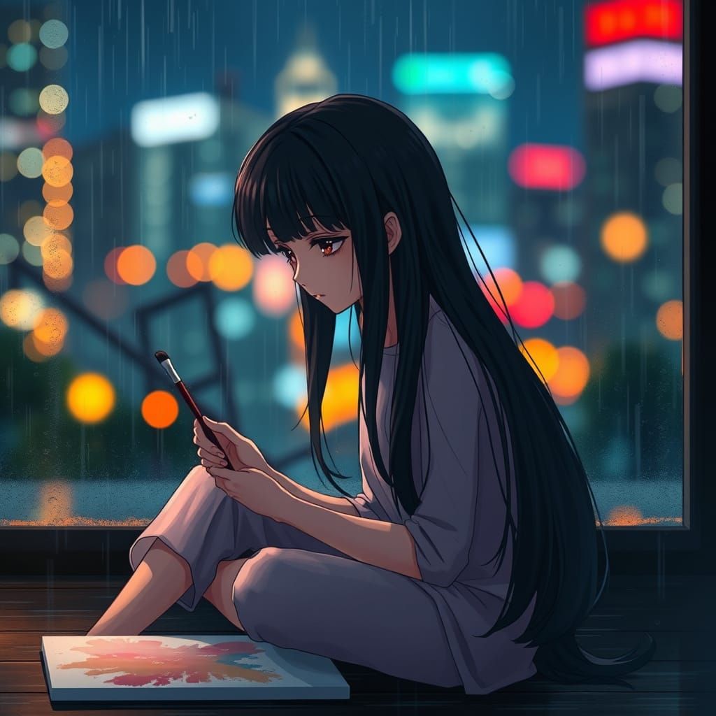 Contemplative Anime Girl in Rainy Night Scene
