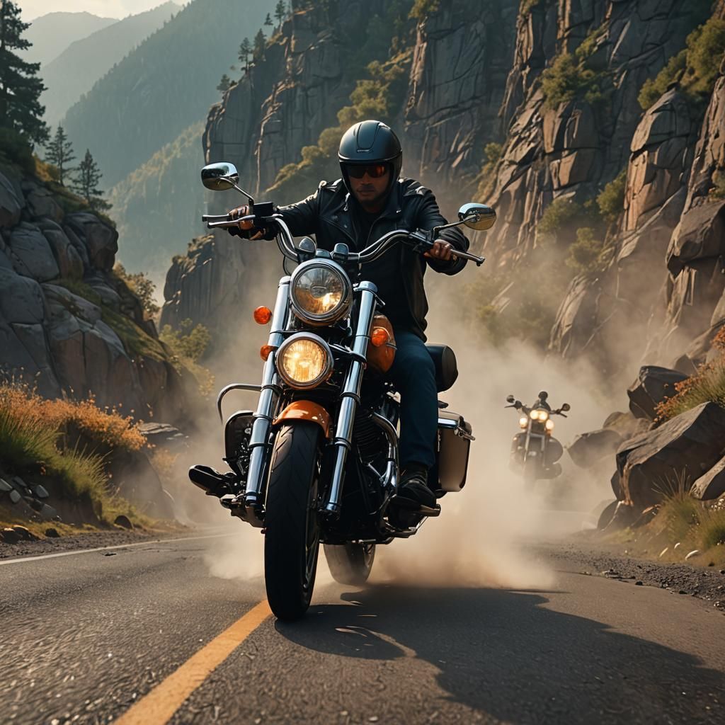 Harley Davidson Indian Rides Through Misty Mountains