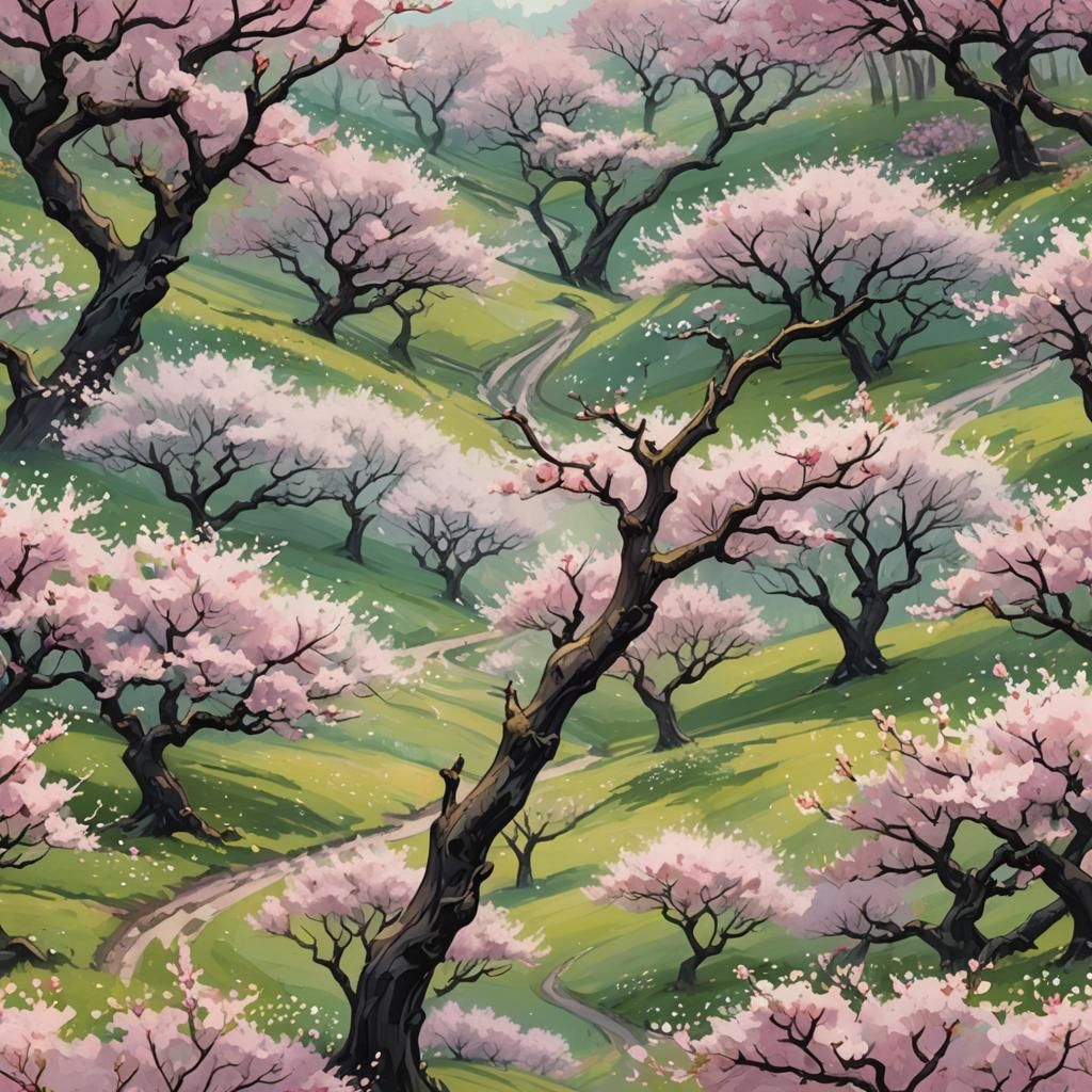 Cherry Blossom Orchard in Gouache Style