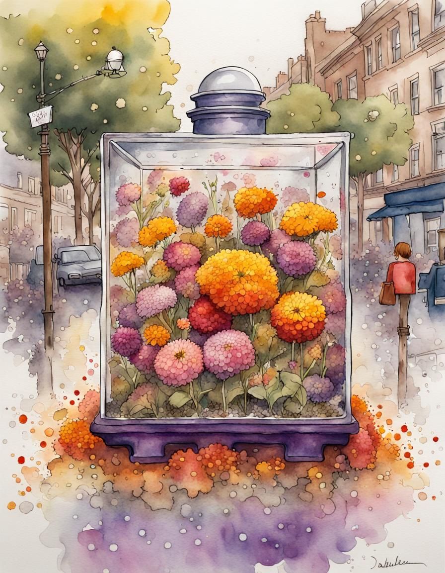Flowers Bloom in City Tank, Watercolour Illustration