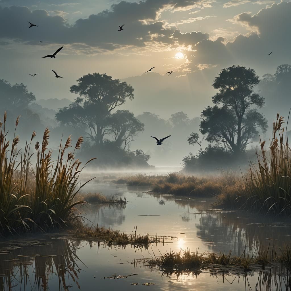 Misty Morning Calm: Reeds in a Dreamy Landscape