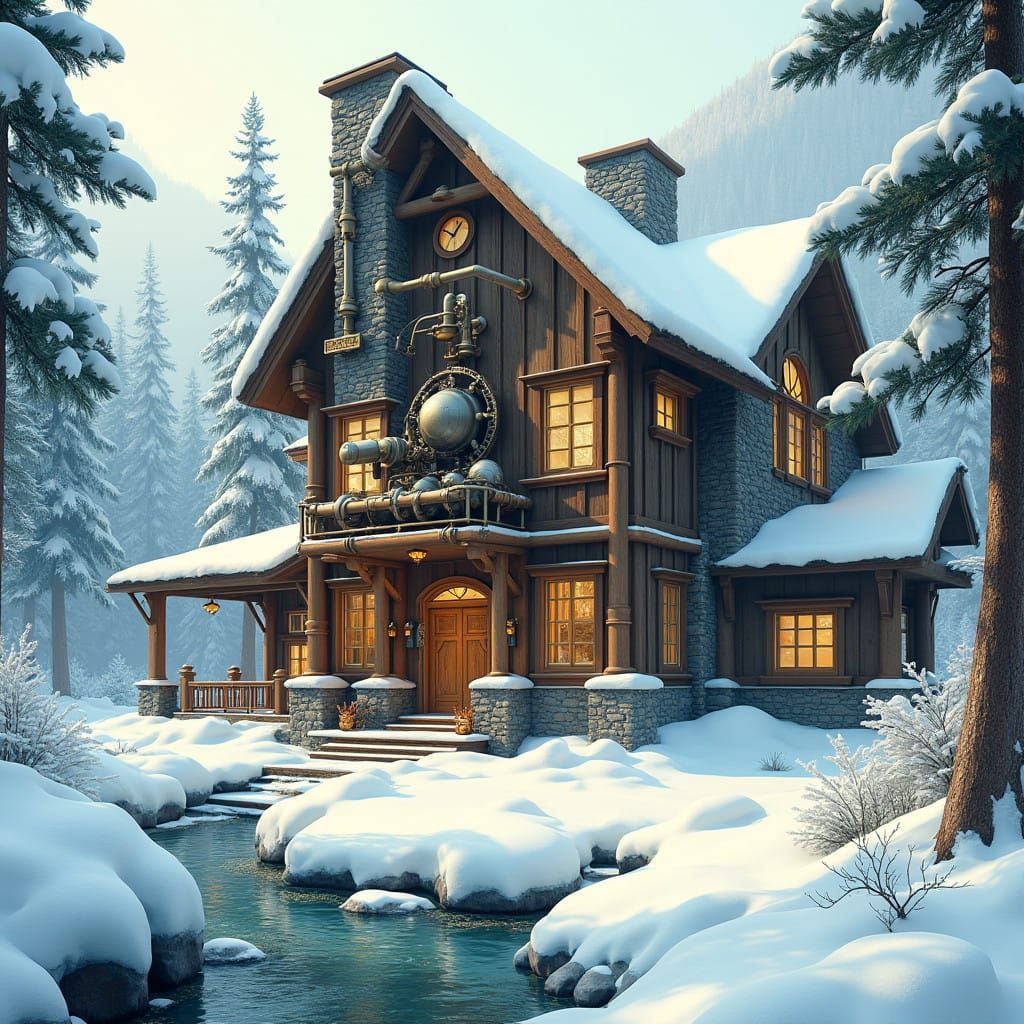 Steampunk Mountain Lodge with Intricate Engine