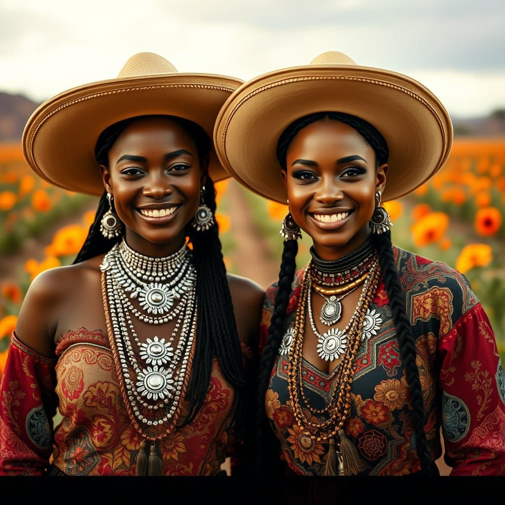 Smiling Women in Streetwear and Mexican Cowboy Attire