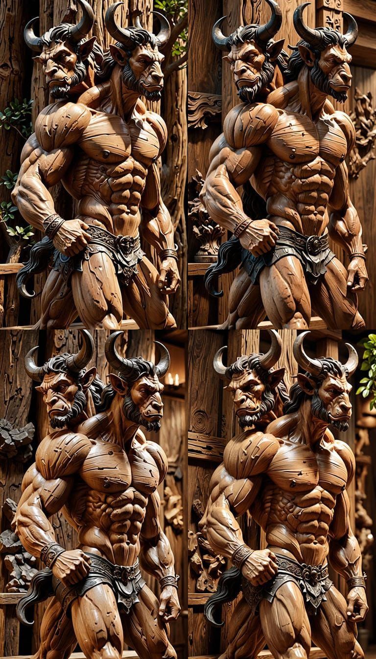 Two-Headed Minotaur Centaur Sculpted From Petrified Wood