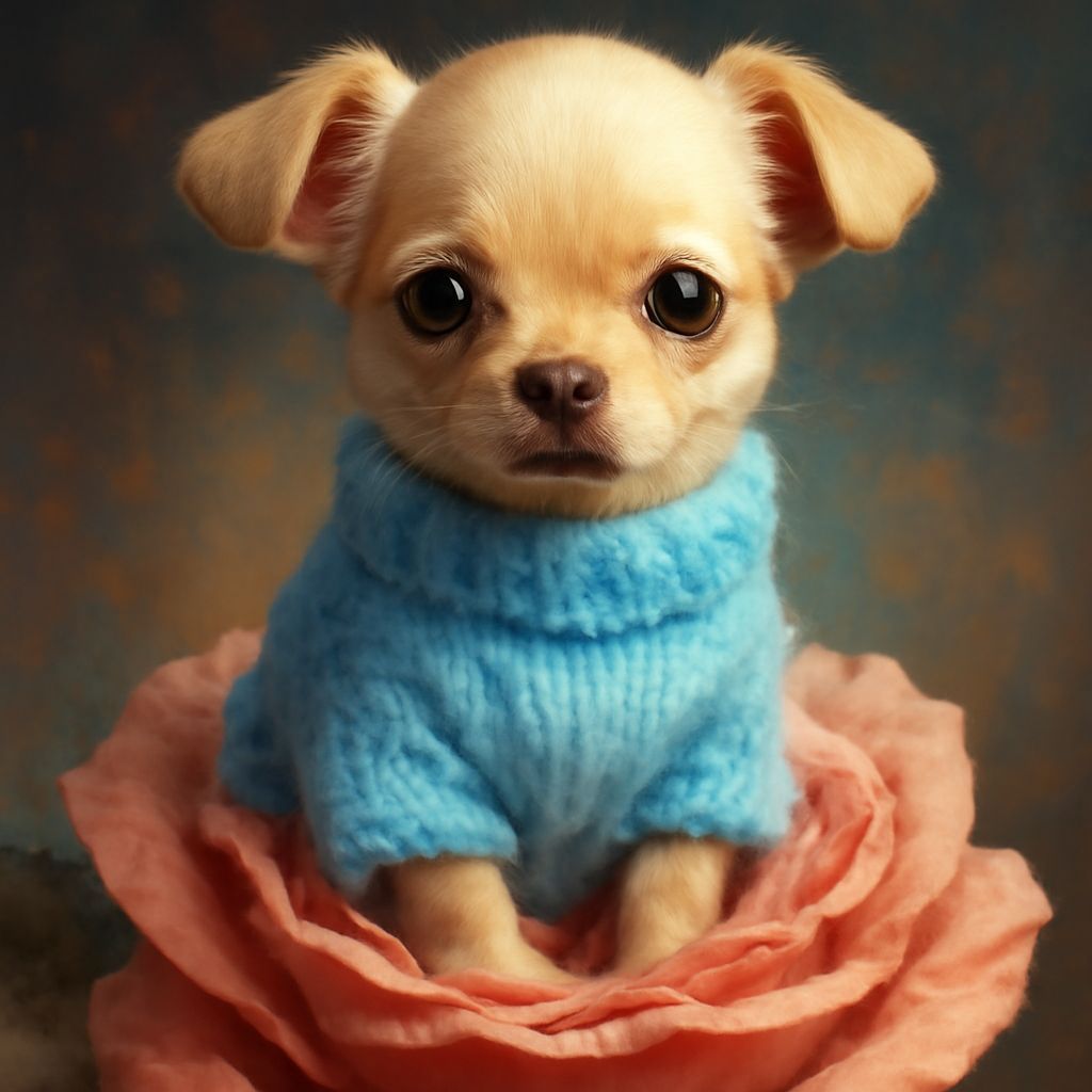 Hyperrealistic Chihuahua in Blue Sweater on Rose