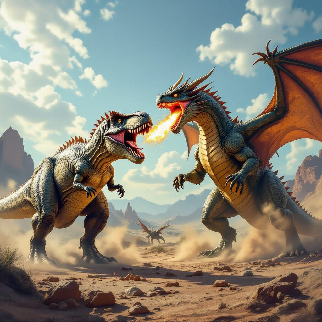 T-Rex and Dragon Clash in Prehistoric Battle