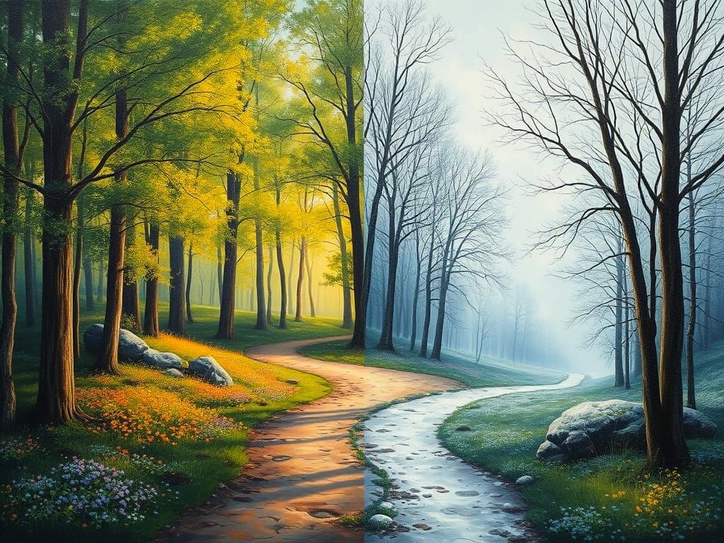 Surreal Forest Path: Summer Meets Winter