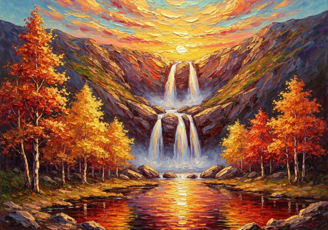 Vivid Waterfall Impasto Painting at Sunset