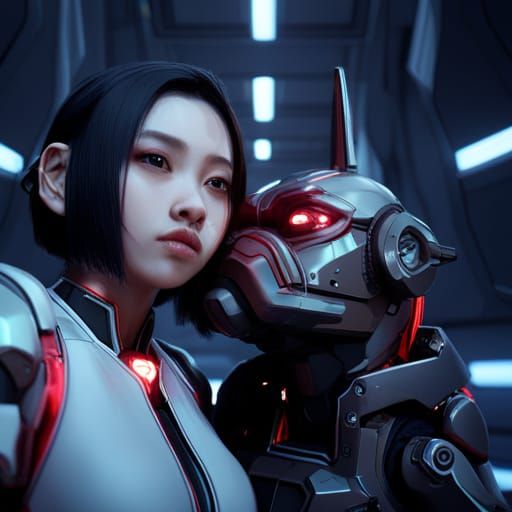 Lesbian Kiss in Starship with Red Mecha Pug