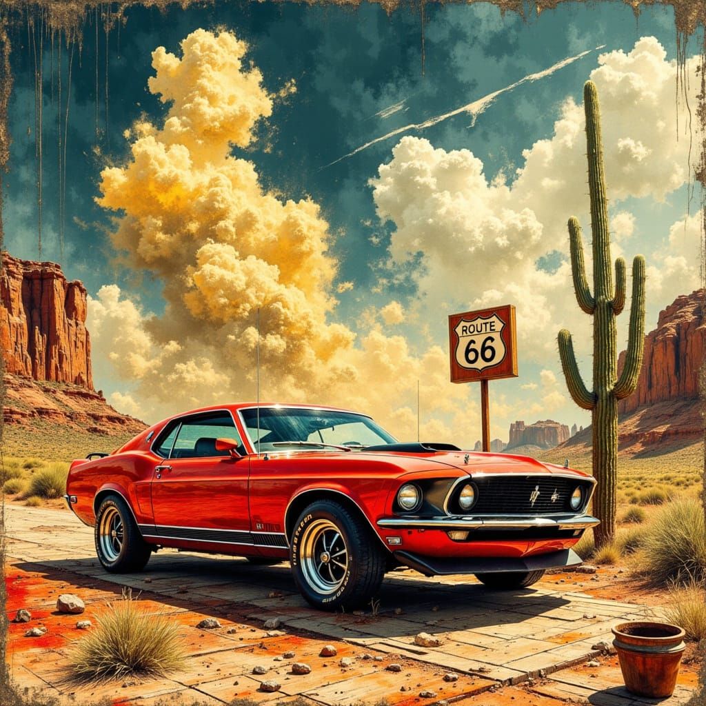 Classic Mustang on Route 66 in Watercolor Style