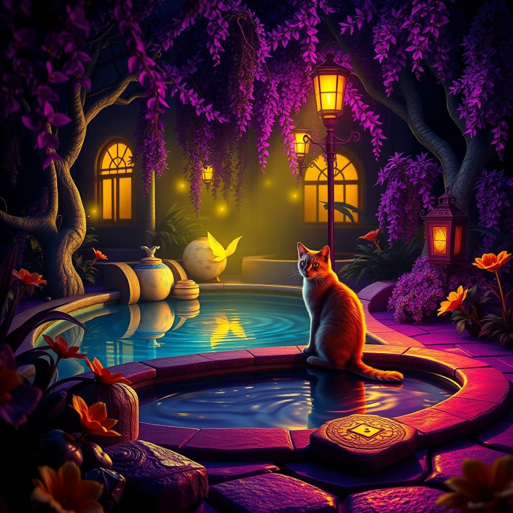 Cat in Dark Fantasy Garden with Bold Colors