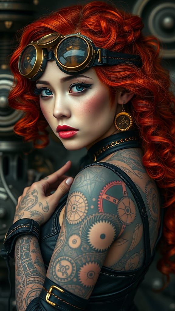 Steampunk Asian Assassin with Red Hair and Tattoos