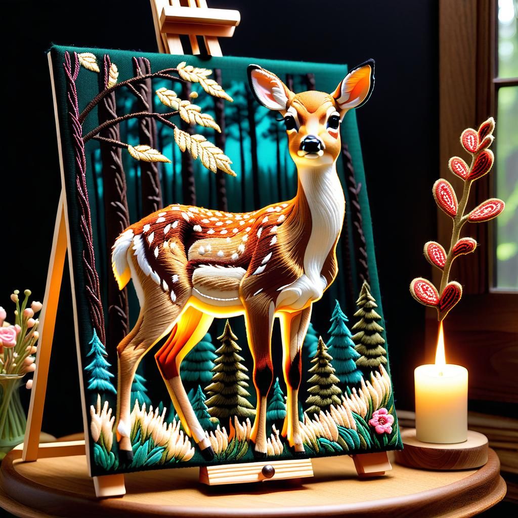 Emotional Embroidered Fawn in Burning Forest