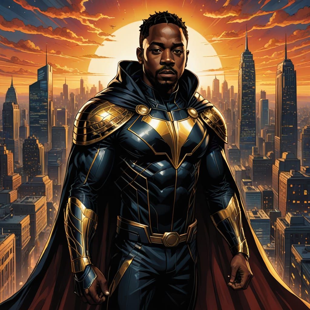 Kendrick Lamar as a Superhero in a Dynamic Cityscape