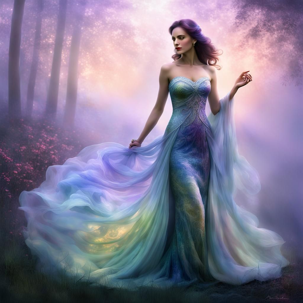 Ethereal Woman in Floral Gown: A Dreamlike Portrait