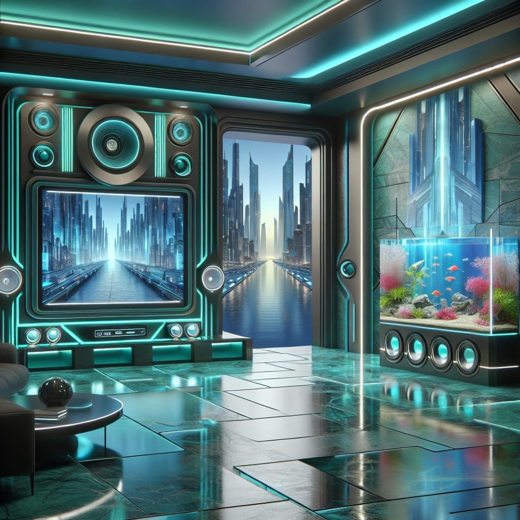 Futuristic Living Room with Marble Walls and City View