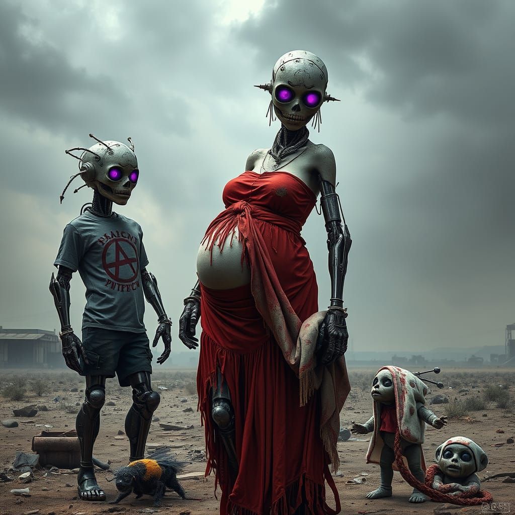 Cyborg Family in Post-Apocalyptic Wasteland
