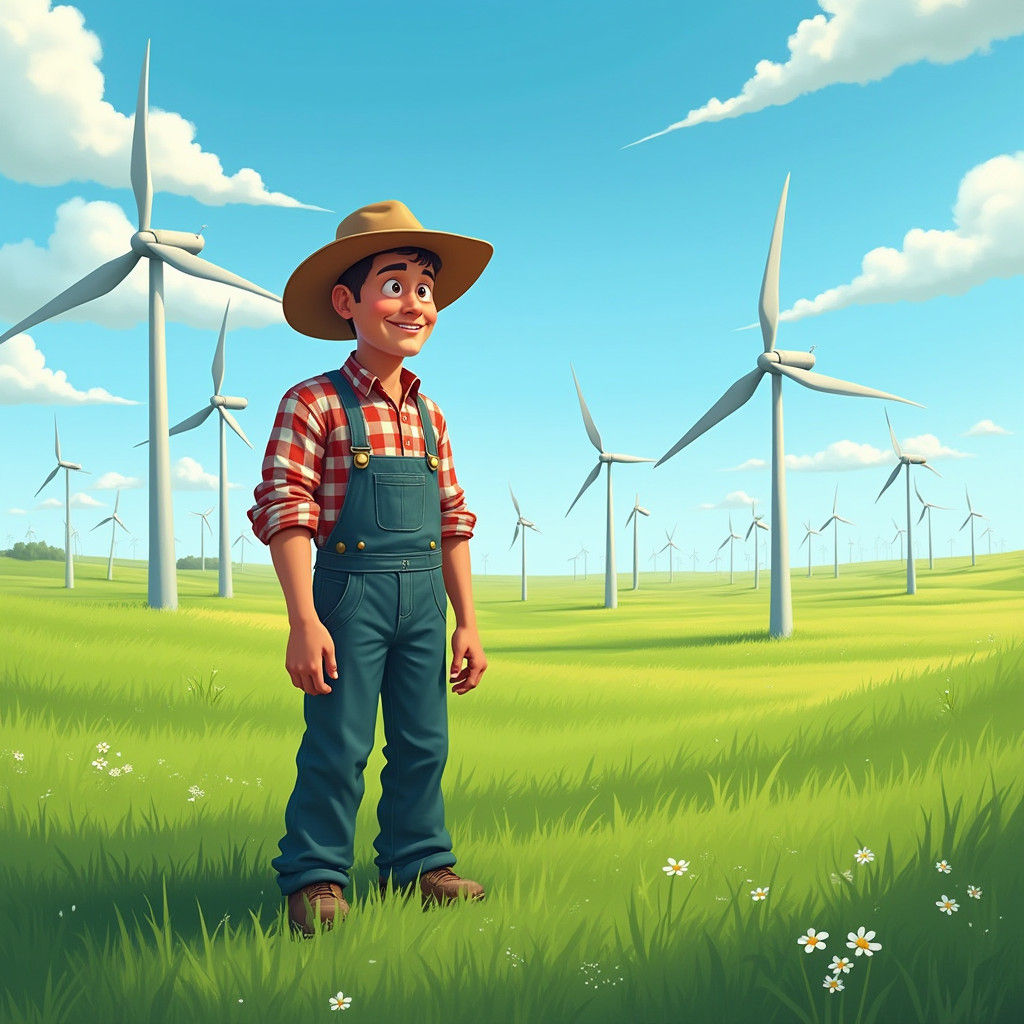 Smiling Farmer in Windmill Field, Modern Art